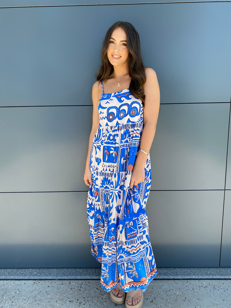 Santorini Sun Maxi Dress- Cobalt/White