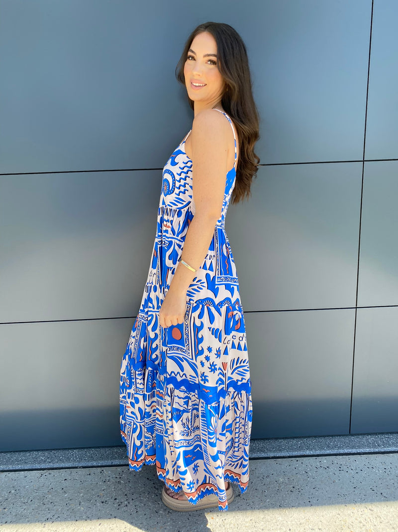 Santorini Sun Maxi Dress- Cobalt/White