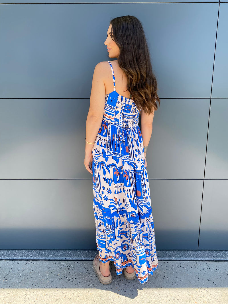 Santorini Sun Maxi Dress- Cobalt/White