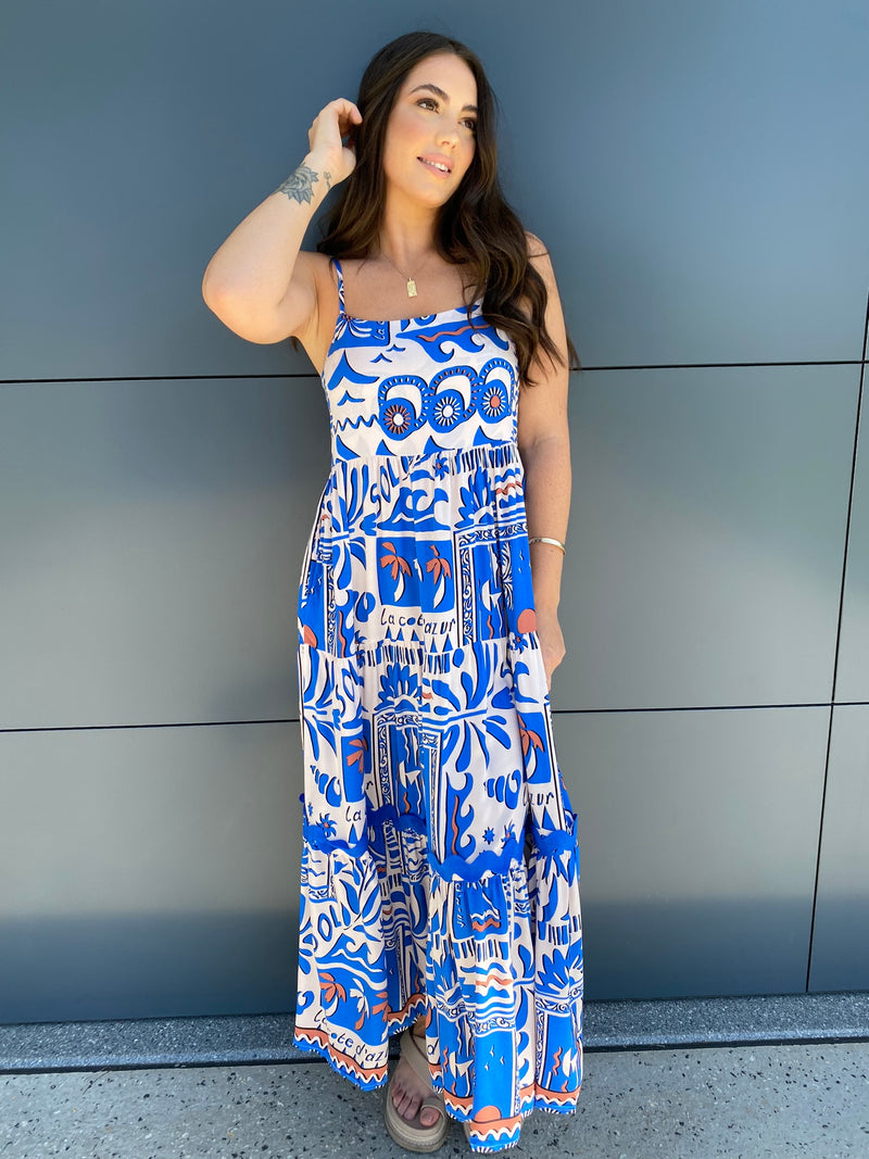 Santorini Sun Maxi Dress- Cobalt/White