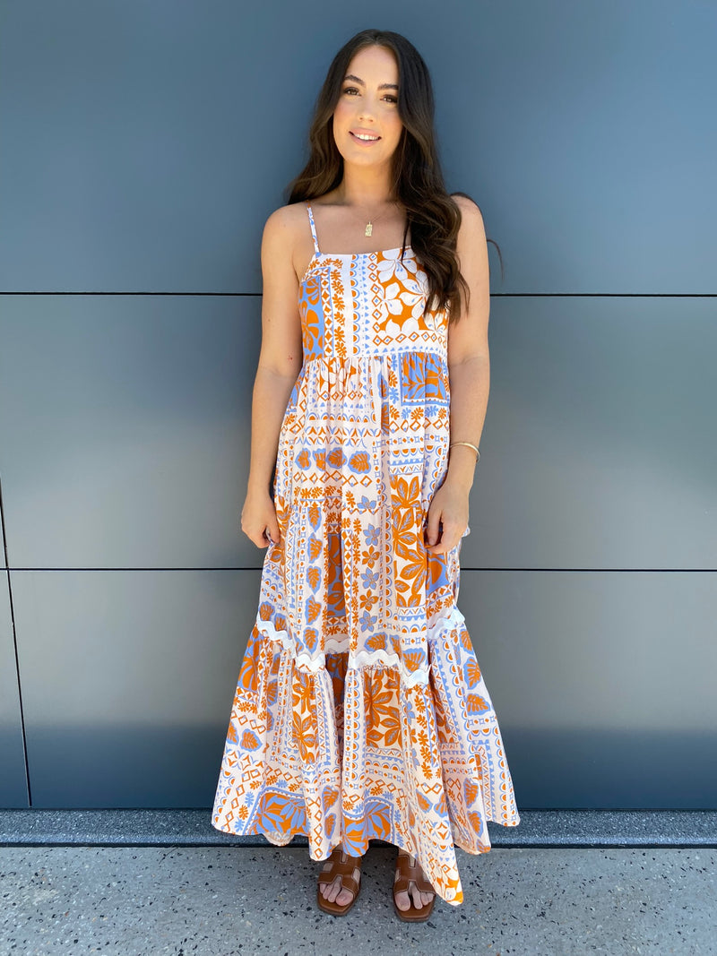 Irena Maxi Dress- Rust/Cornflower