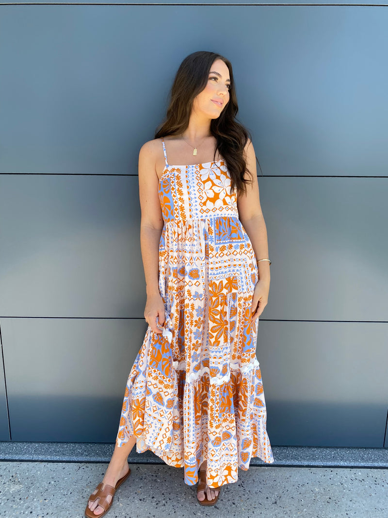 Irena Maxi Dress- Rust/Cornflower