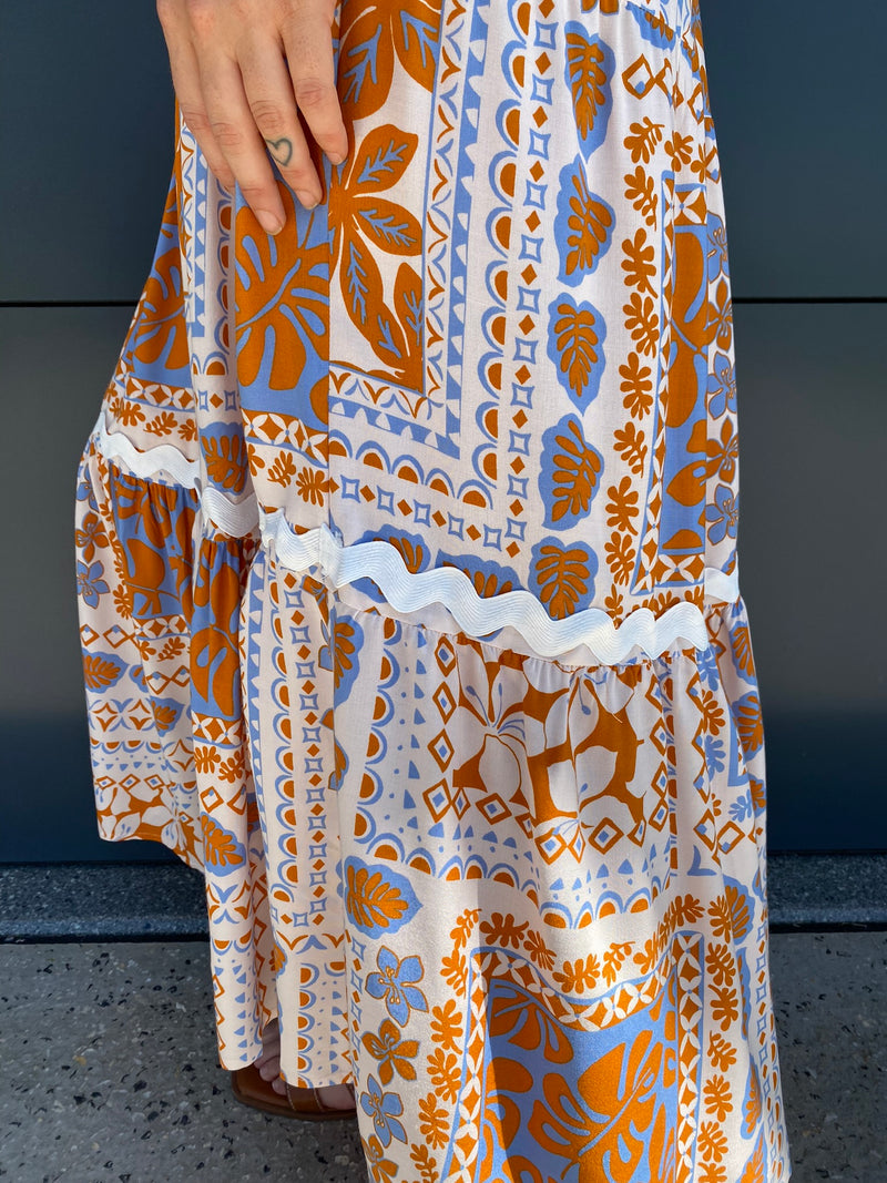 Irena Maxi Dress- Rust/Cornflower